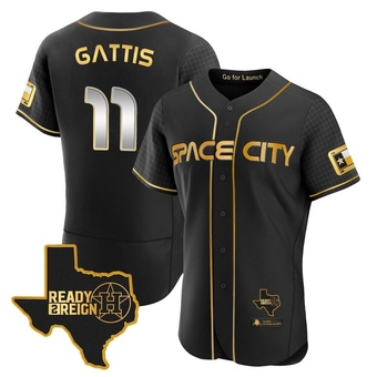 Authentic Houston Astros Evan Gattis 2023 Space City Ready 2 Reign Flex Base Jersey - Black/Gold